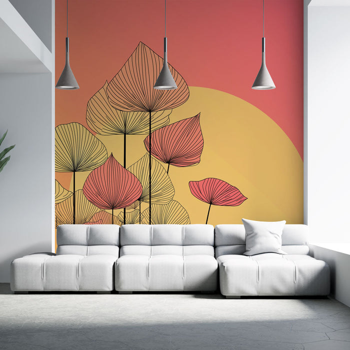 Tapete mit stilisierten Blättern | Blattmuster in Umrissen mit einem Farbverlauf in warmen Farben