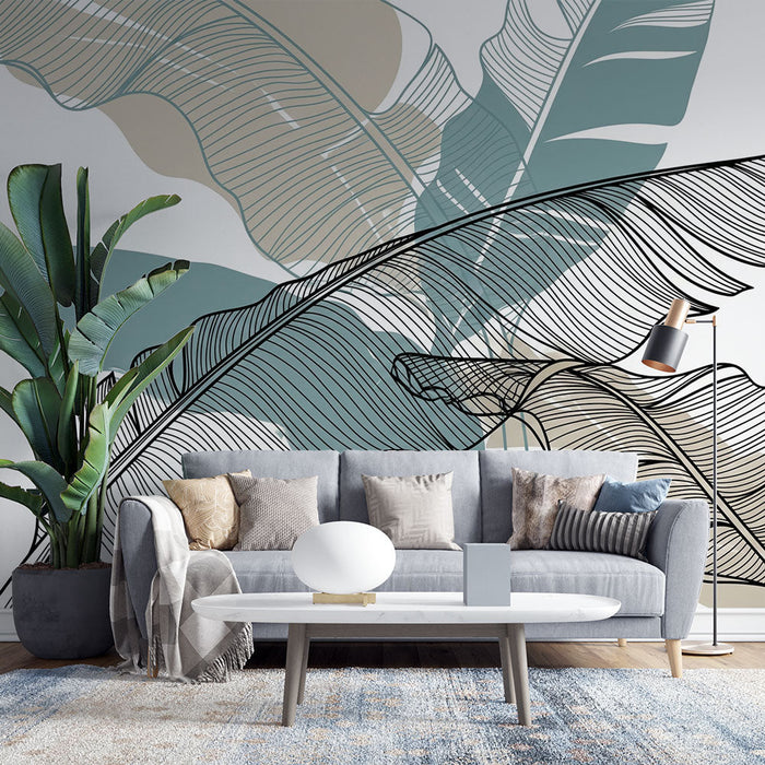 Fototapete stilisierte Blätter | Blattmuster in Schwarz und Türkis auf hellem Hintergrund
