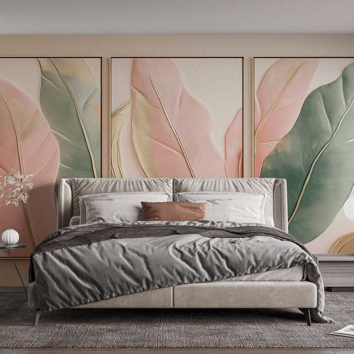 Tapeta z motywem stylizowanych liści | Wzory liści w różowym i zielonym kolorze z złotymi akcentami