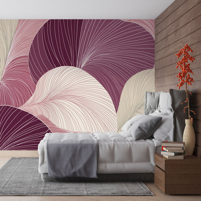 Carta da parati foglie stilizzate | Motivi ondulati in tonalità di rosa e beige