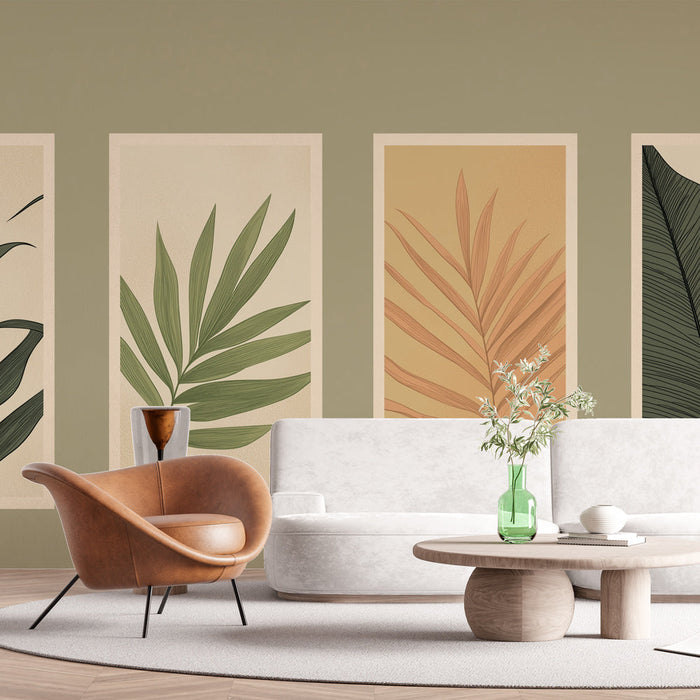 Ταπετσαρία με στυλιζαρισμένα φύλλα | Τέσσερεις εικονογραφήσεις φυτών σε απαλούς τόνους