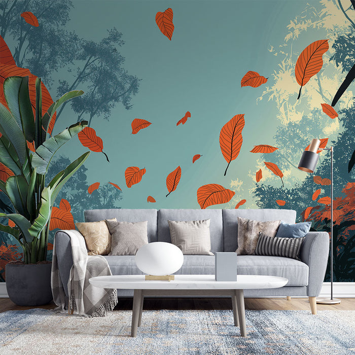 Foto Behang vallende bladeren | Oranje bladpatroon in een gestileerd bos