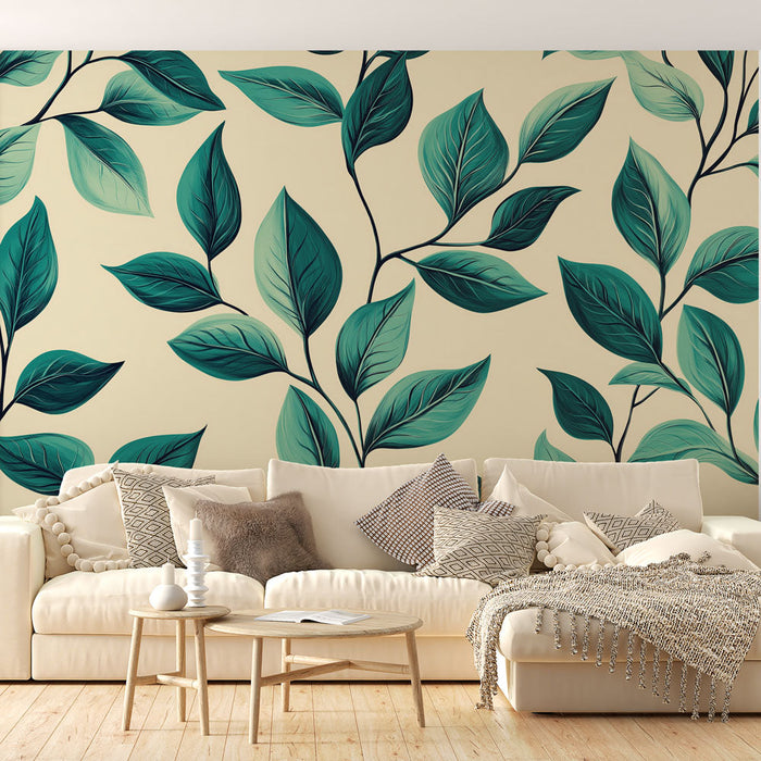 Фототапет с листа | Интензивни зелени тонове на бежов фон