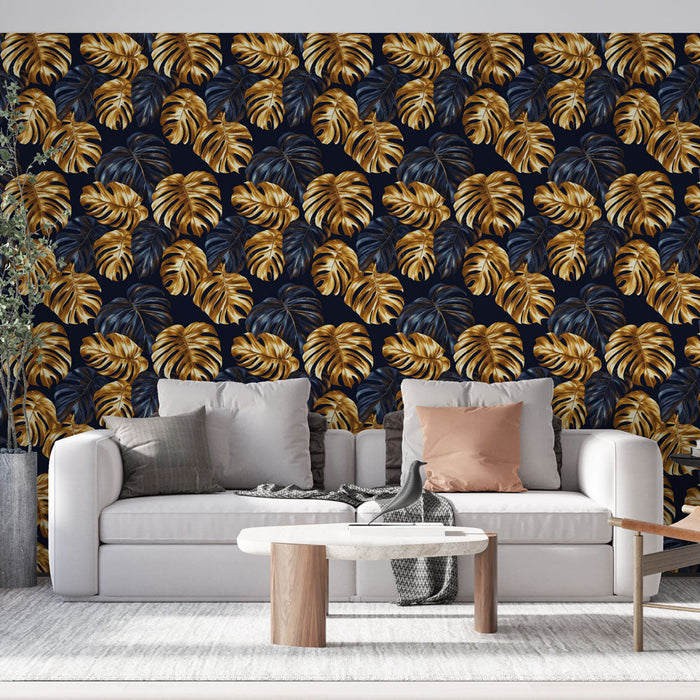 Fototapete feuilles tropézienne | Feuilles dorees et noires sur fond sombre