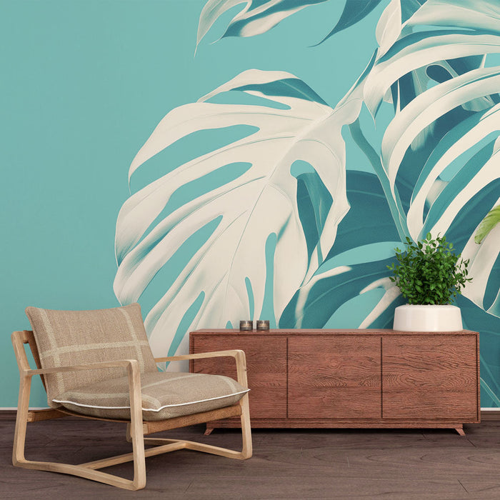 Fototapet tropiske teal blade | Monstera blade på turkis baggrund