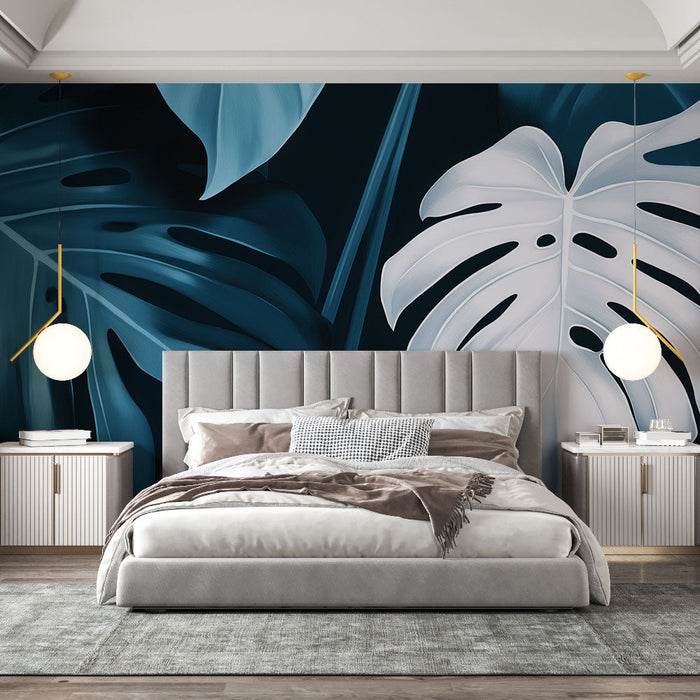 Tapetti trooppiset sinivihreät lehdet | Syvän siniset ja valkoiset lehtikuviot