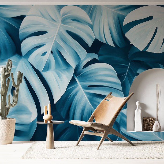 Mural Wallpaper tropical teal blue leaves | Patterns of lush leaves in soothing tones