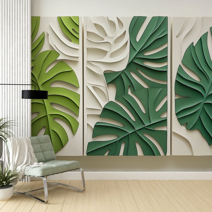 Papel de parede folhas tropicais | Design com relevo de folhas verdes e brancas