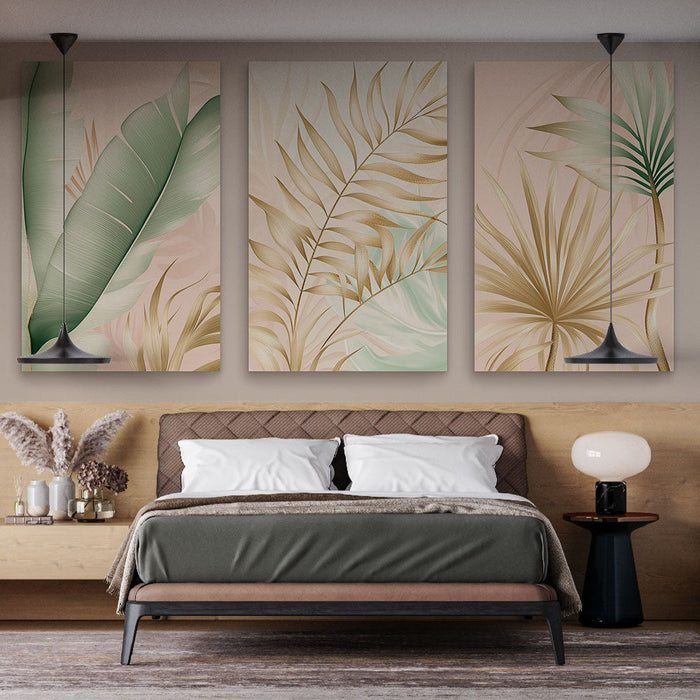 Fototapet tropiske blader | Elegante gylne og grønne blader på en pastell bakgrunn