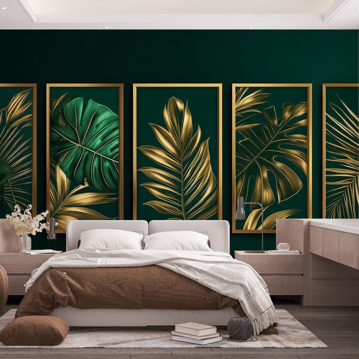 Carta da parati foglie tropicali | Foglie eleganti dorate e verdi su sfondo verde scuro