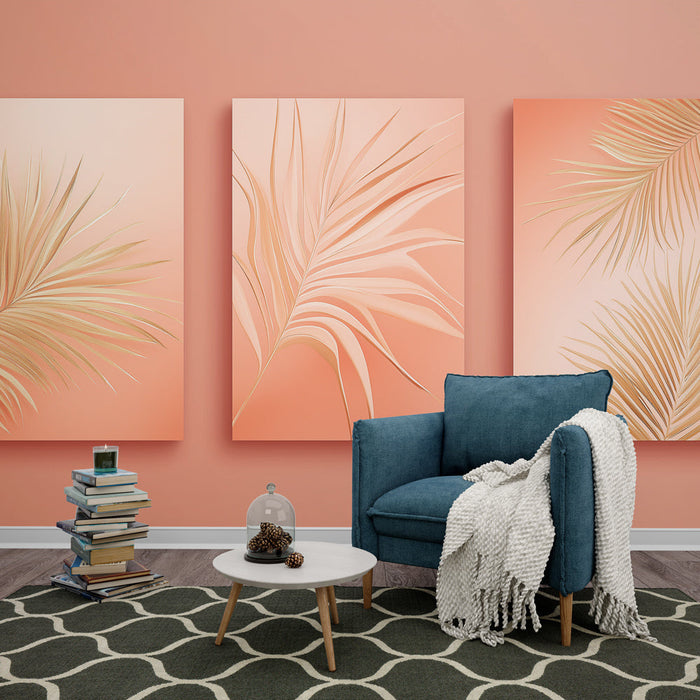Papel de parede com folhas tropicais | Folhas douradas elegantes em um fundo coral