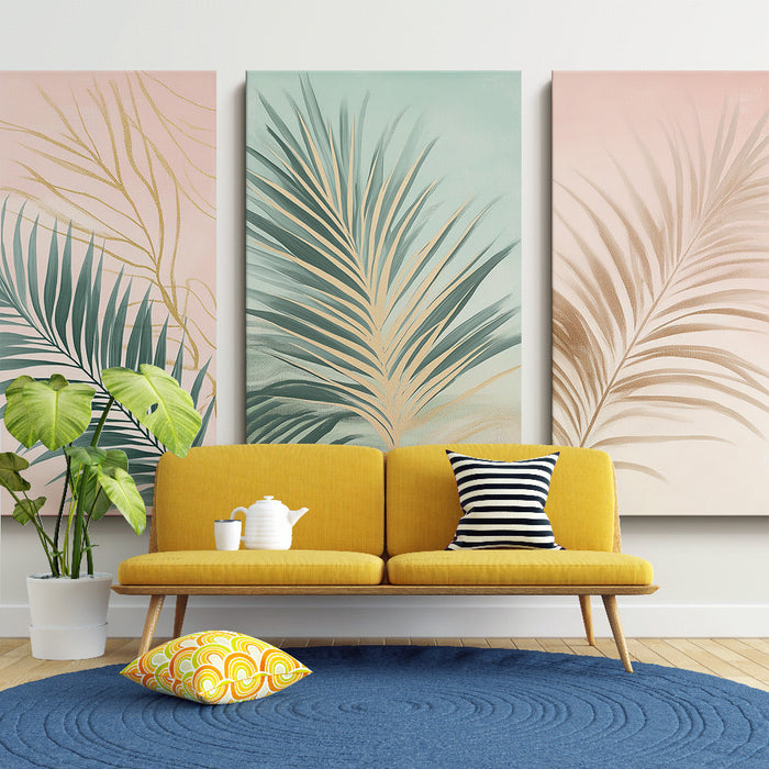 Fototapeet troopiliste lehtedega | Elegantsete lehesiluettidega pastelsetel taustadel