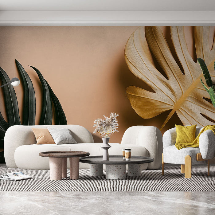 Fototapet tropiske blade | Sorte og gyldne blade på lyserød baggrund