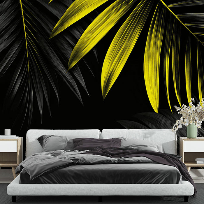 Ταπετσαρία τοίχου τροπικά φύλλα | Μαύρα και κίτρινα φύλλα σε σκούρο φόντο