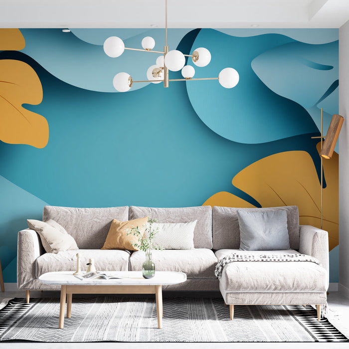 Mural Wallpaper tropical leaves | Orange and blue leaves on a soothing background