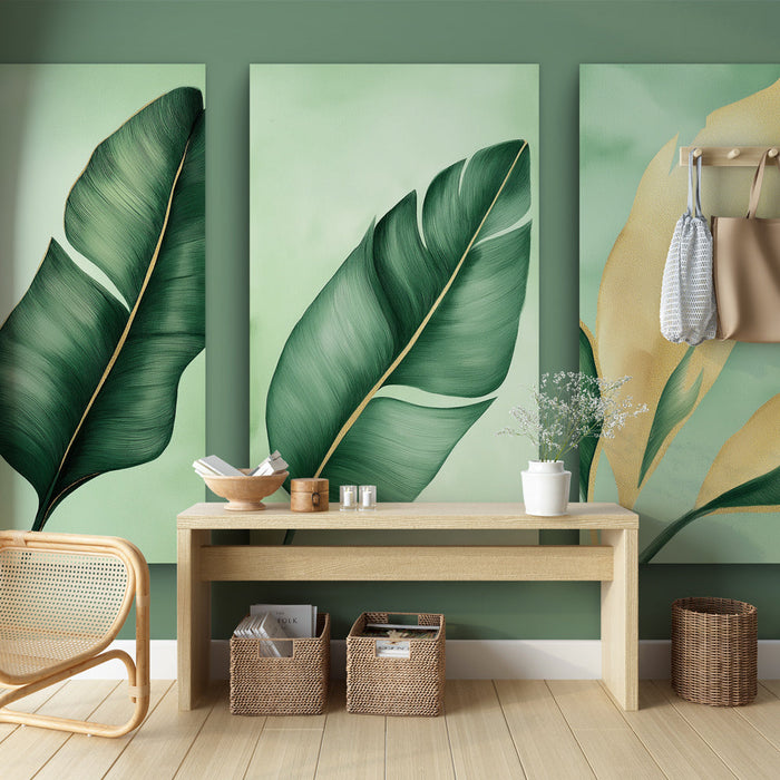 Tapetti trooppiset lehdet | Vihreät ja kultaiset lehdet pastellitaustalla