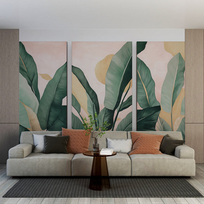 Тапет с тропически листа | Зелени листа на розов фон със златни акценти