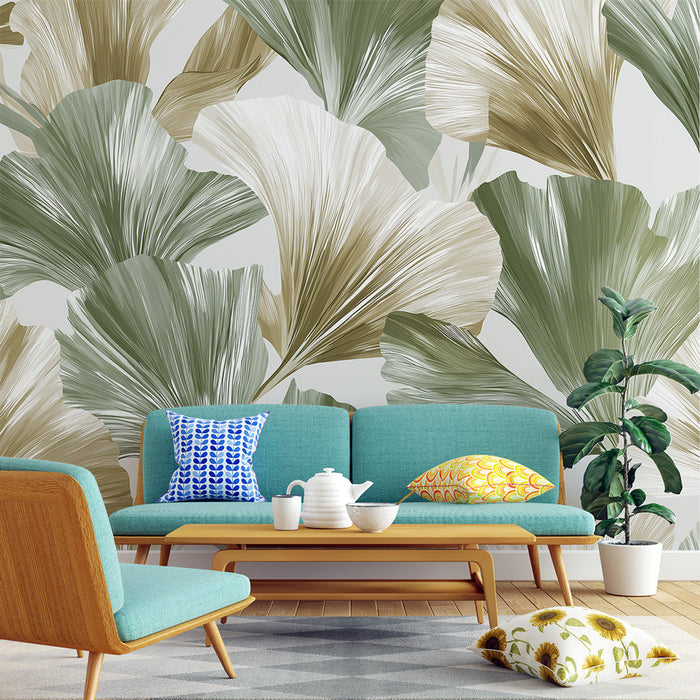 Mural Wallpaper tropical leaves | Large leaves in green and beige tones