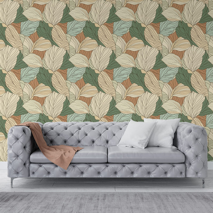 Fototapeet troopiliste lehtedega | Lehtede muster pehmetes toonides looduslikul taustal