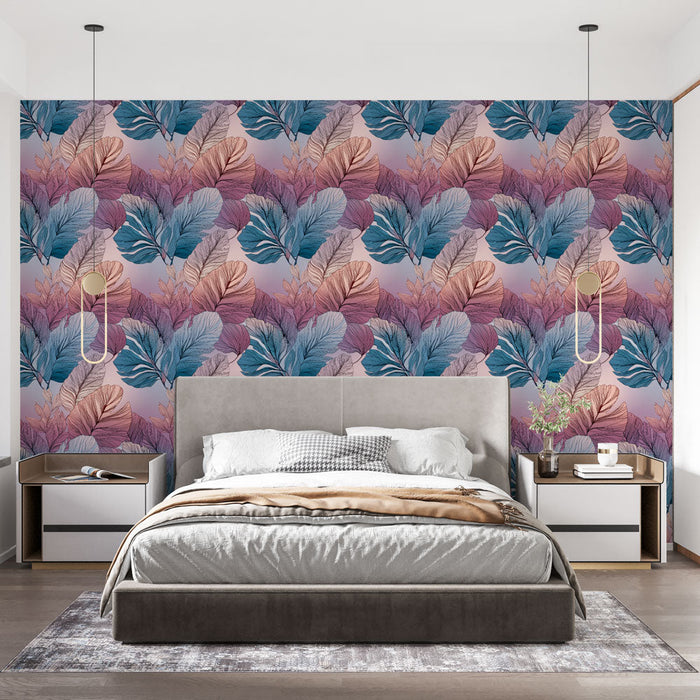 Fototapet tropiska blad | Mönster av stora färgglada blad i pastelltoner