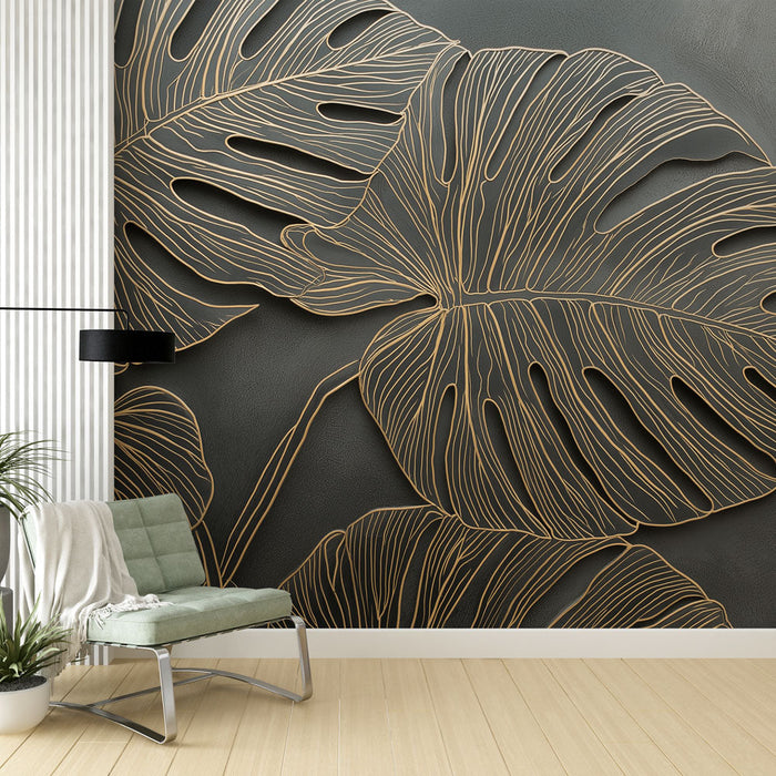 Fototapet tropiska löv | Elegant bladmönster med guldlinjer på svart bakgrund