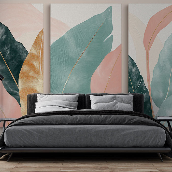 Fototapete tropische Blätter | Farbenfrohe Blattmuster mit goldenen Akzenten