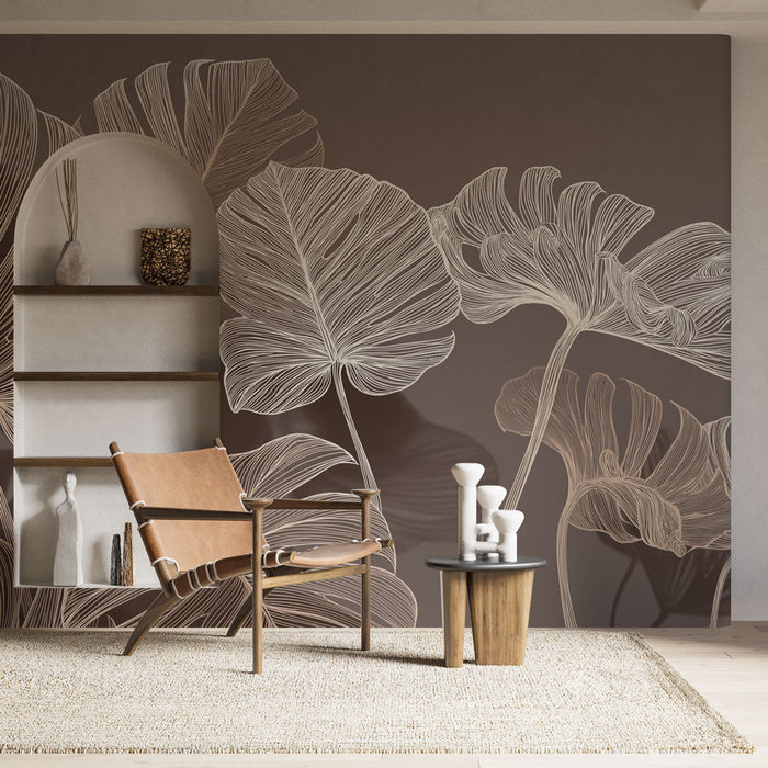 Fototapet tropiske blade | Fint tegnede bladmønstre i hvid på en brun baggrund