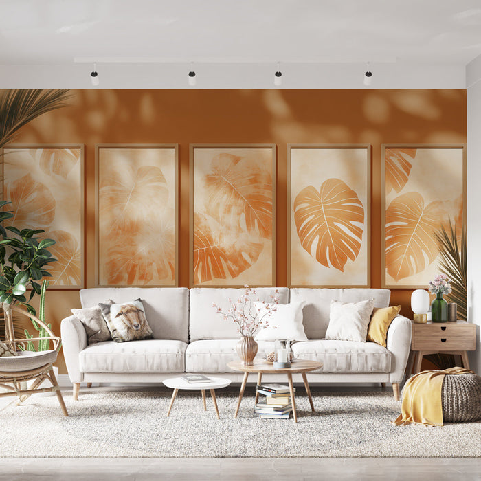 Fototapeet troopiliste lehtedega | Monstera lehemustrid oranžides toonides