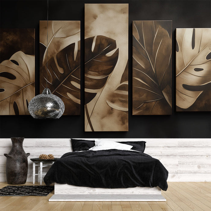 Fototapet tropiske blade | Stiliserede mønstre af monstera blade i brune nuancer