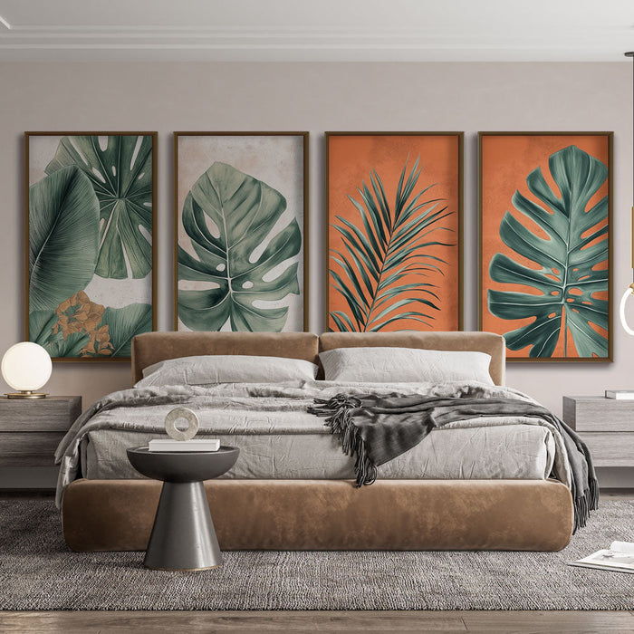 Mural Wallpaper tropical leaves | Four elegant frames showcasing lush and colorful foliage