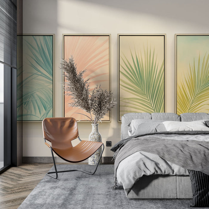 Tapetti trooppiset lehdet | Neljä hienovaraista pastellisävyistä lehtikasvia