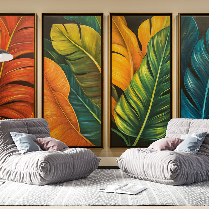 Tapeta liściasta z motywem tropikalnym | Cztery duże, jaskrawo kolorowe liście na ciemnym tle