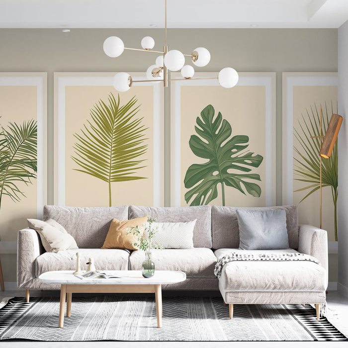 Papel pintado de hojas tropicales | Cuatro patrones de follaje sobre fondo beige