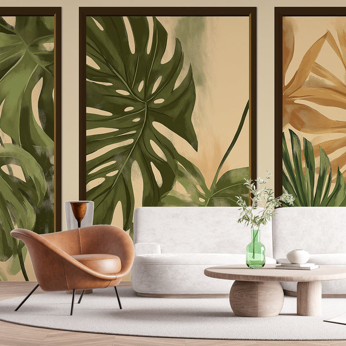 Tapete с тропически листа | Трио от ярки листва в зелени и окървени тонове