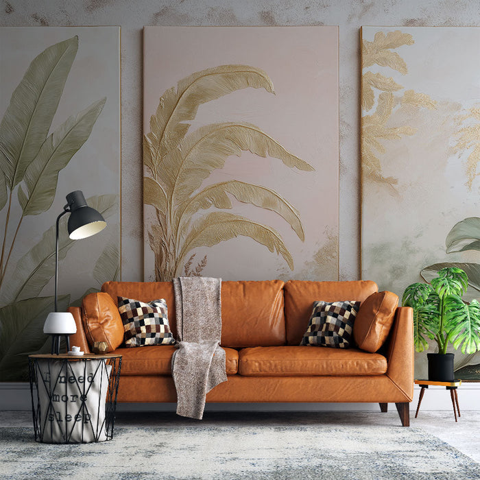 Tapete с тропически листа | Трио картини с буйно растителност и златни акценти