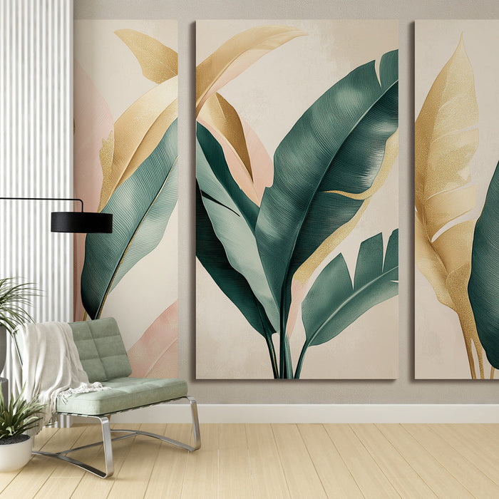 Tapete s tropskim lišćem | Tri panela umjetničkog lišća u ružičastoj, zlatnoj i zelenoj boji
