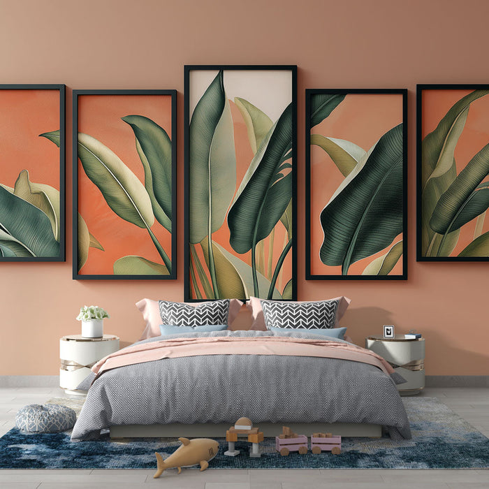 Papel pintado de hojas tropicales | Exhibición vívida de ilustraciones botánicas sobre un fondo naranja