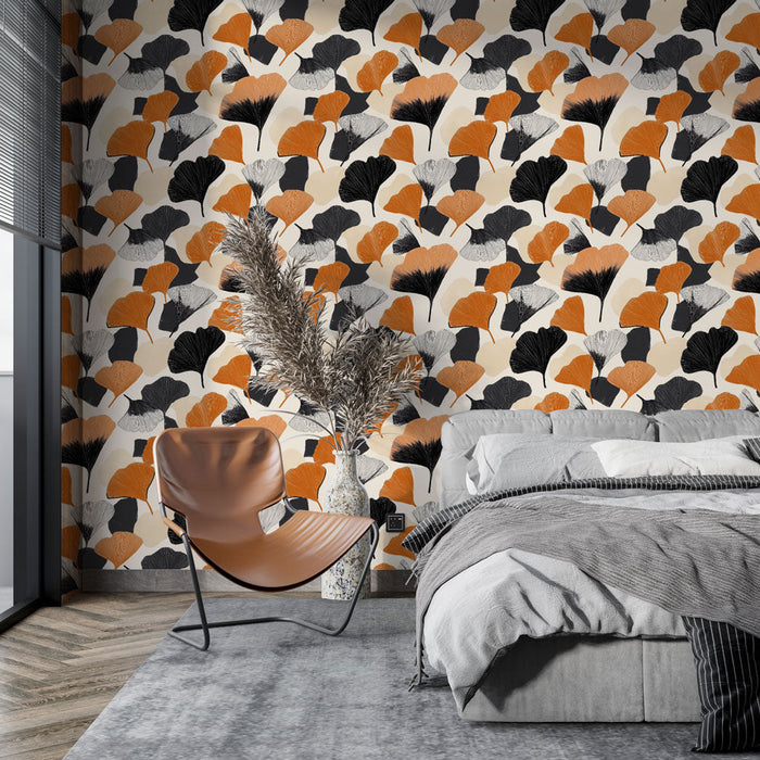 Tapete feuilles variees | Motifs geometriques en orange, noir et creme
