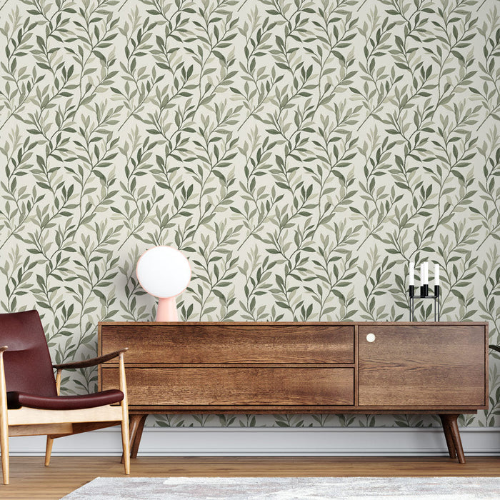 Tapetti vihreät lehdet | Elegantit lehtiset oksat kermaisella taustalla