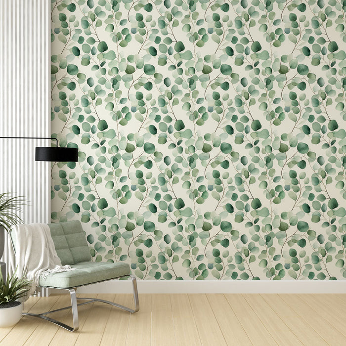 Carta da parati foglie verdi | Motivo delicato di fogliame acquerellato su sfondo chiaro