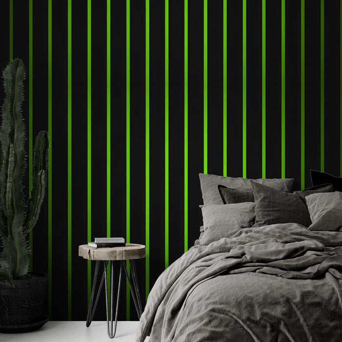 Mural Wallpaper fine vertical stripes | Fluorescent green gradient on black background