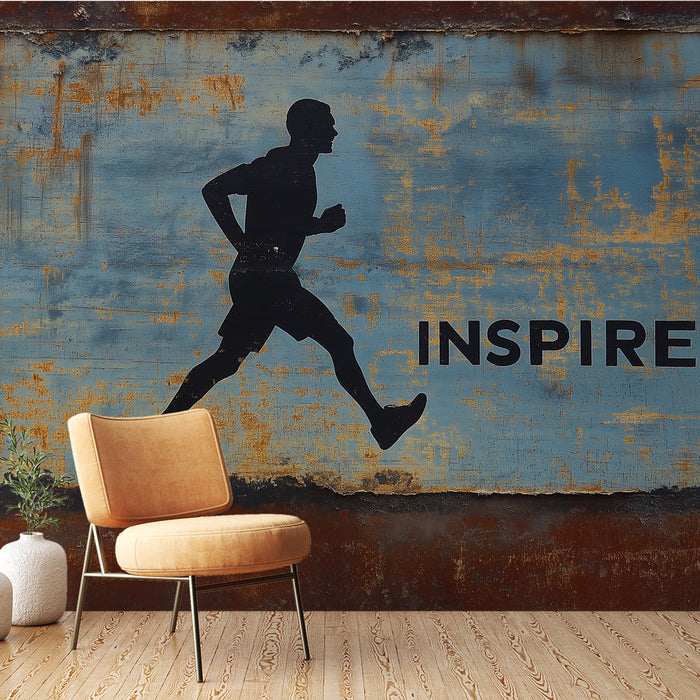 Fototapet fitness | Silhuett av en løper med ordet 'INSPIRE' på en vintage bakgrunn