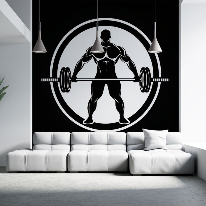 Tapetti fitness | Lihaksikas siluetti käsipainolla mustavalkoisena