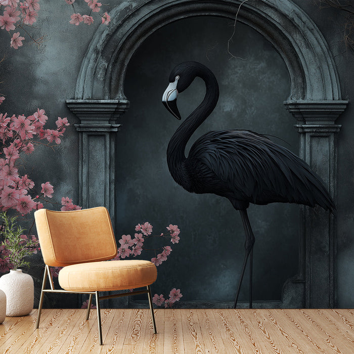 Fototapet flamingo sort | Elegant flamingo i en gammel ramme omgivet af lyserøde blomster