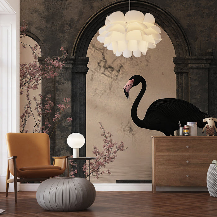 Papel de parede flamingo | Atmosfera romântica com estruturas arqueológicas e flores florescentes