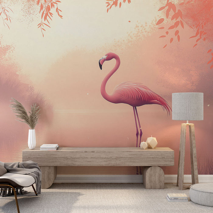 Papel de parede flamingo | Elegância aquática em uma paisagem em tons pastel