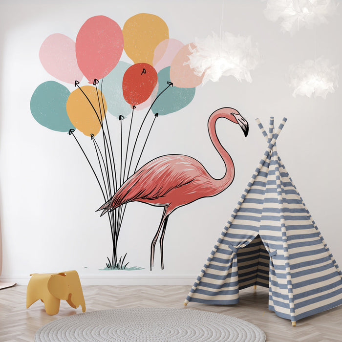 Tapete s flamingom i balonima | Stilizirani flamingo okružen šarenim balonima