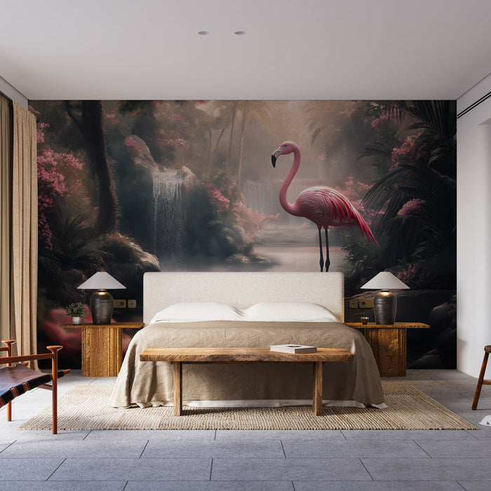 Tapet flamingo | Evadare tropicală lângă o cascadă liniștită