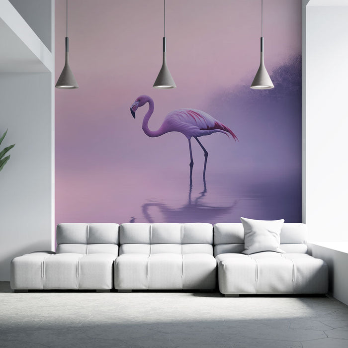 Fototapet flamingo | Elegantni flamingo u pastelnom maglovitom krajoliku