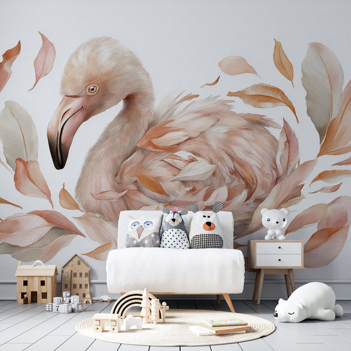 Fototapet flamingo | Flamingo indpakket i bløde, pastelfarvede fjer